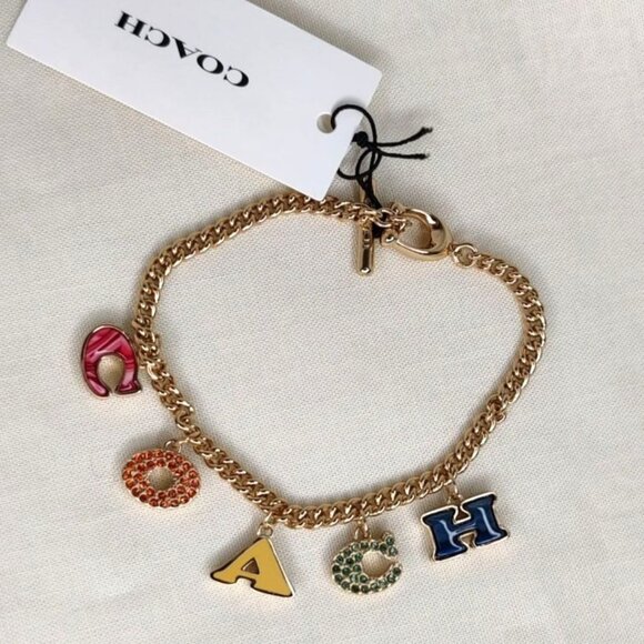 COACH Bracelet Signature Charm Pave Crystal Enamel Colorful Gold Tone NEW - Picture 8 of 12